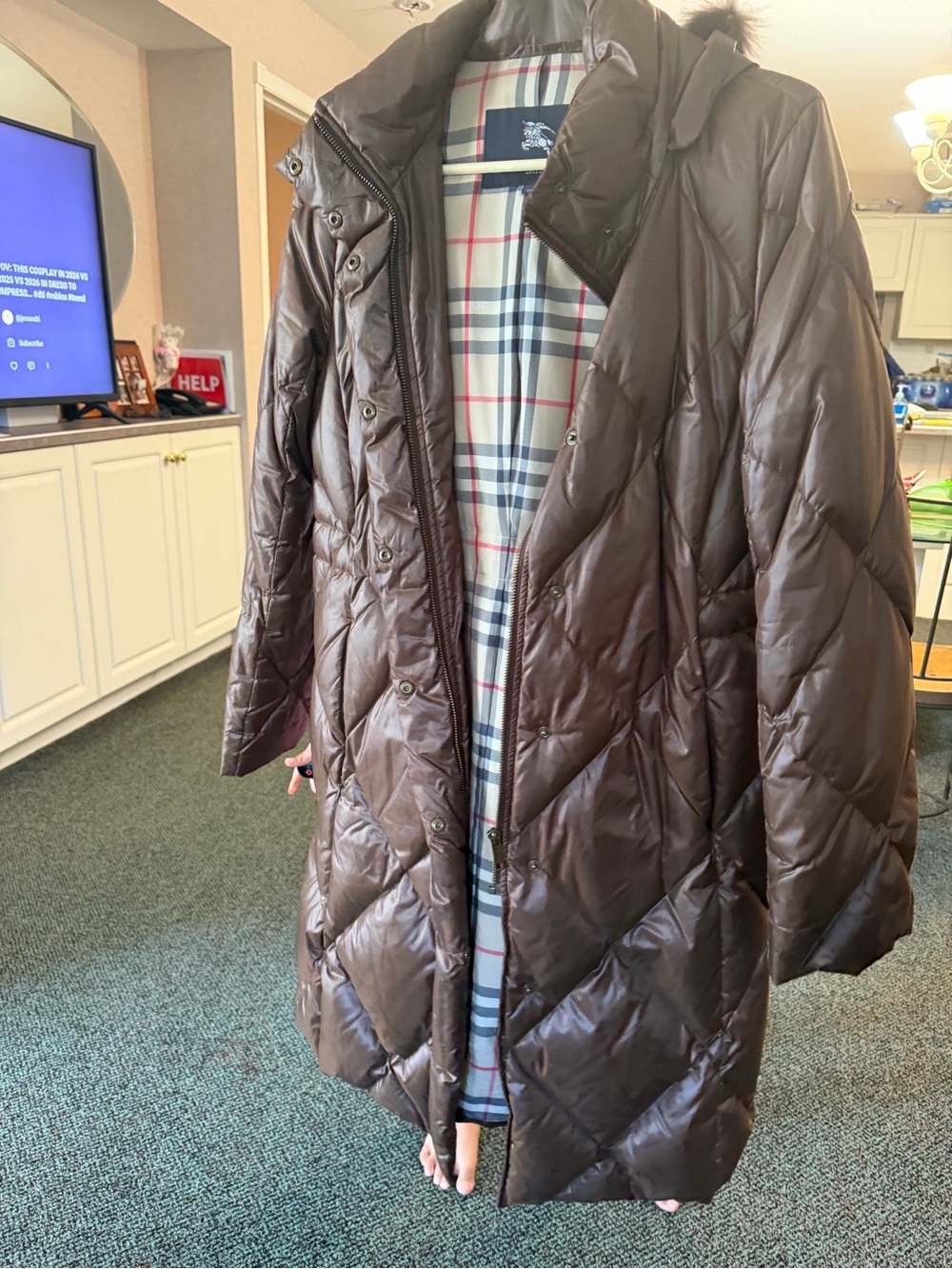 Burberry Brown Quilted Long Puffer Coat with detachable hood & signature lining